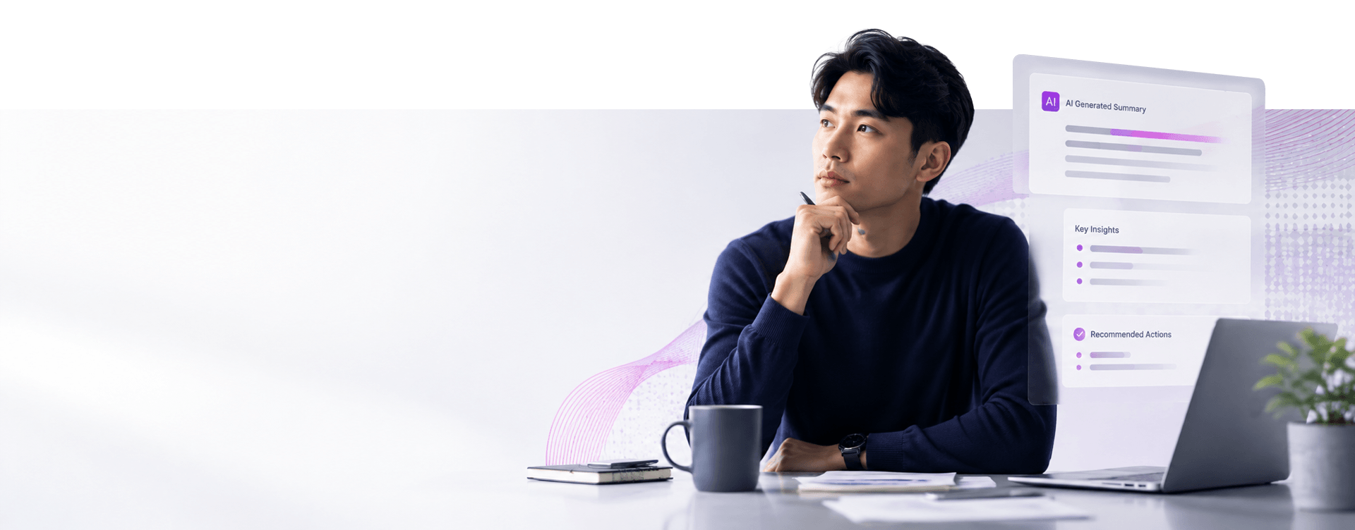 A man at a desk pausing to think, with an AI-generated summary and insights panel floating beside him