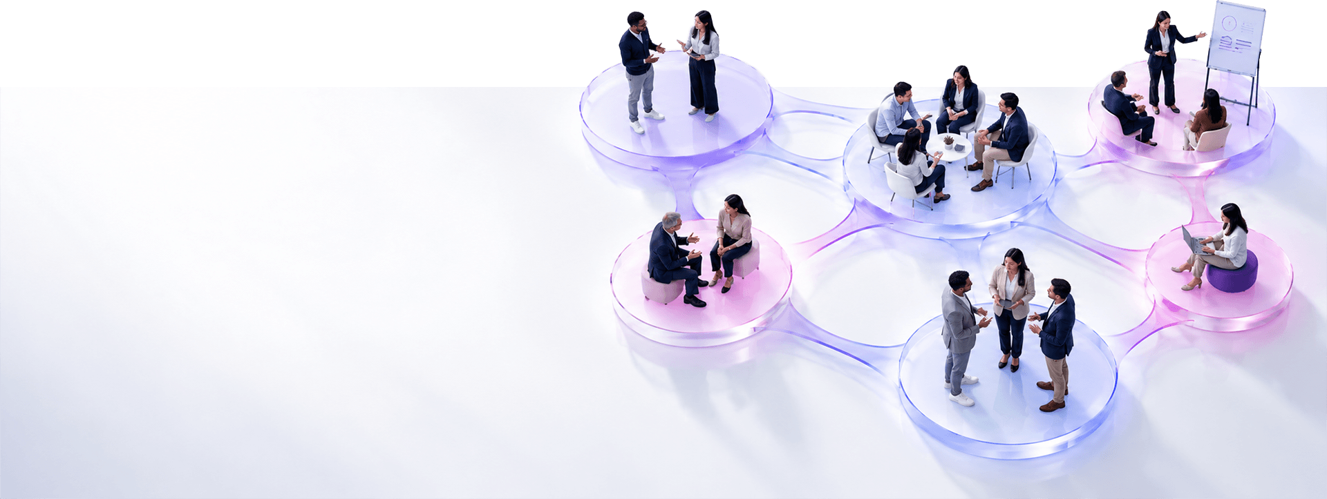 An overhead view of business teams meeting on a network of interconnected translucent platforms, representing a connected enterprise capability ecosystem